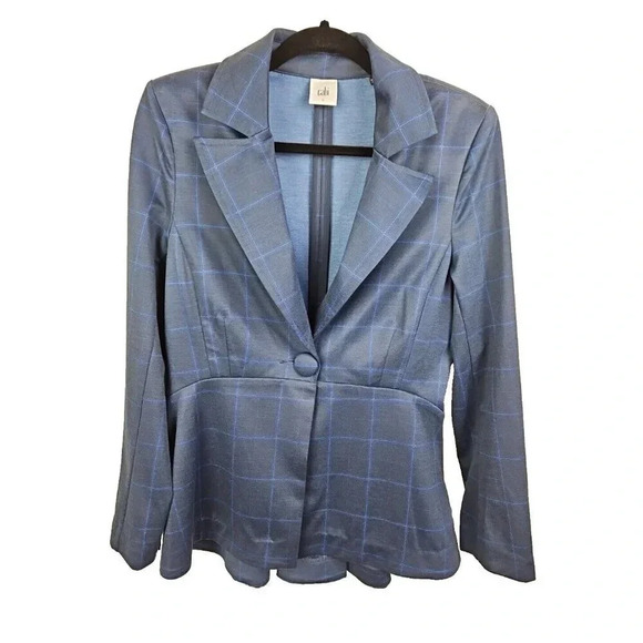 Cabi Check Windowpane Blazer‎ Size 6 Navy Blue Plaid Long Line Equestrian - Picture 1 of 8